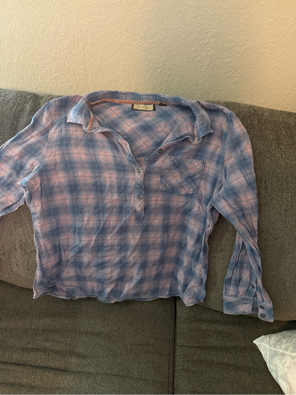 Light Blue and Pink Plaid Button Henley Top